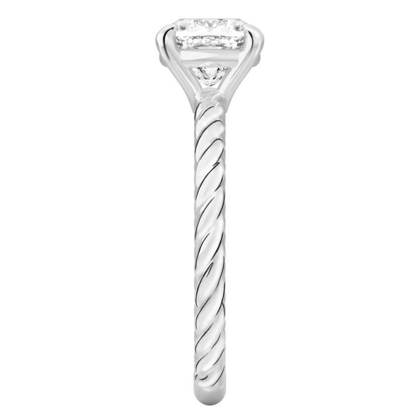 Side view of cushion cut diamond twisted rope engagement ring in white gold
