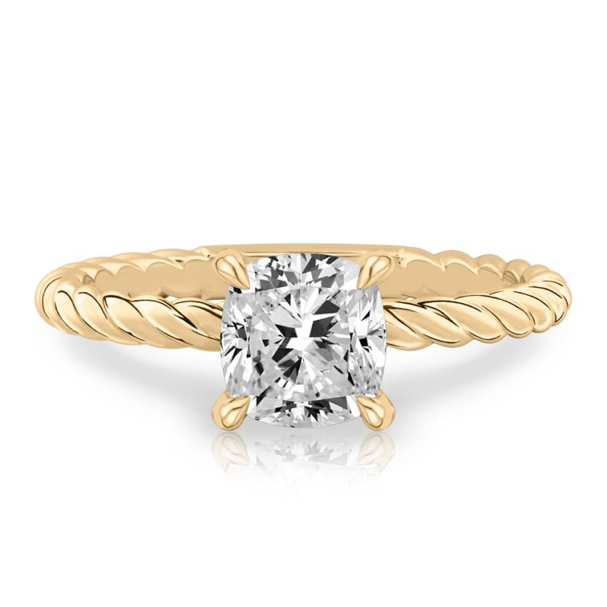 cushion cut diamond twisted rope engagement ring in yellow gold