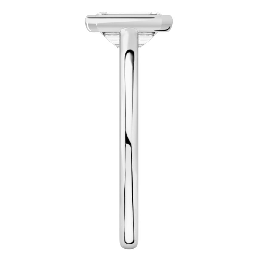 Side view of emerald cut diamond bezel engagement ring in platinum