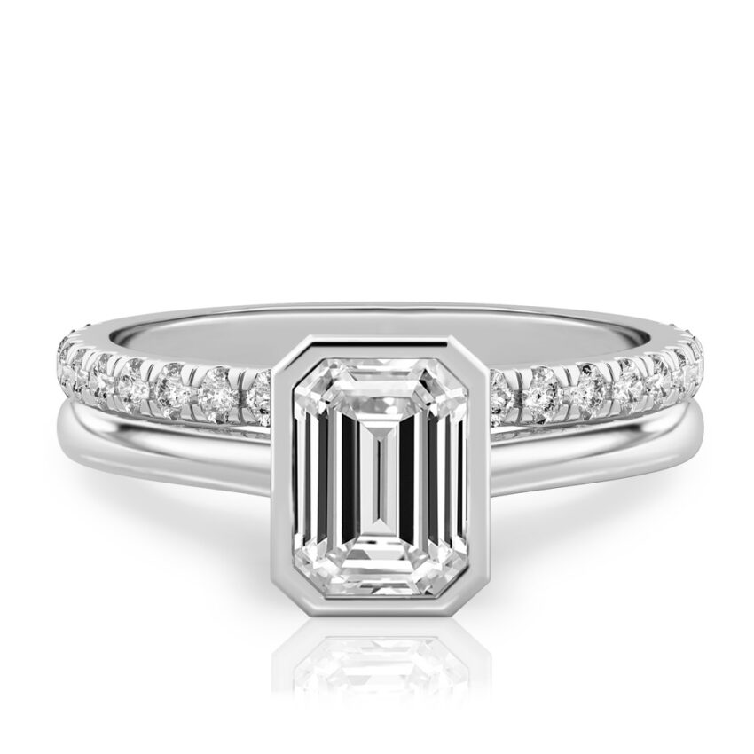 emerald cut diamond bezel engagement ring set platinum