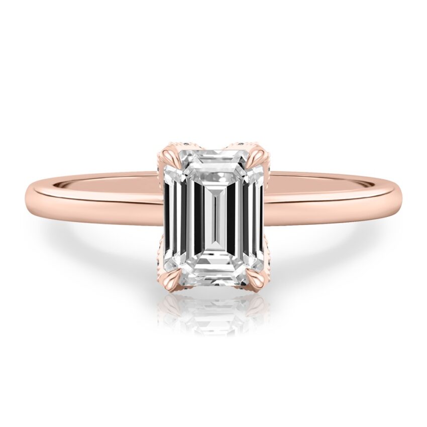 emerald cut diamond pave petal prong engagement ring in rose gold