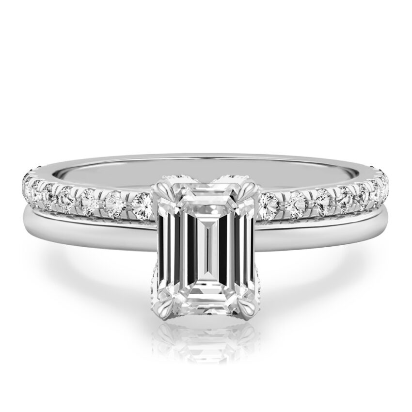 emerald cut diamond pave petal prong engagement ring set platinum