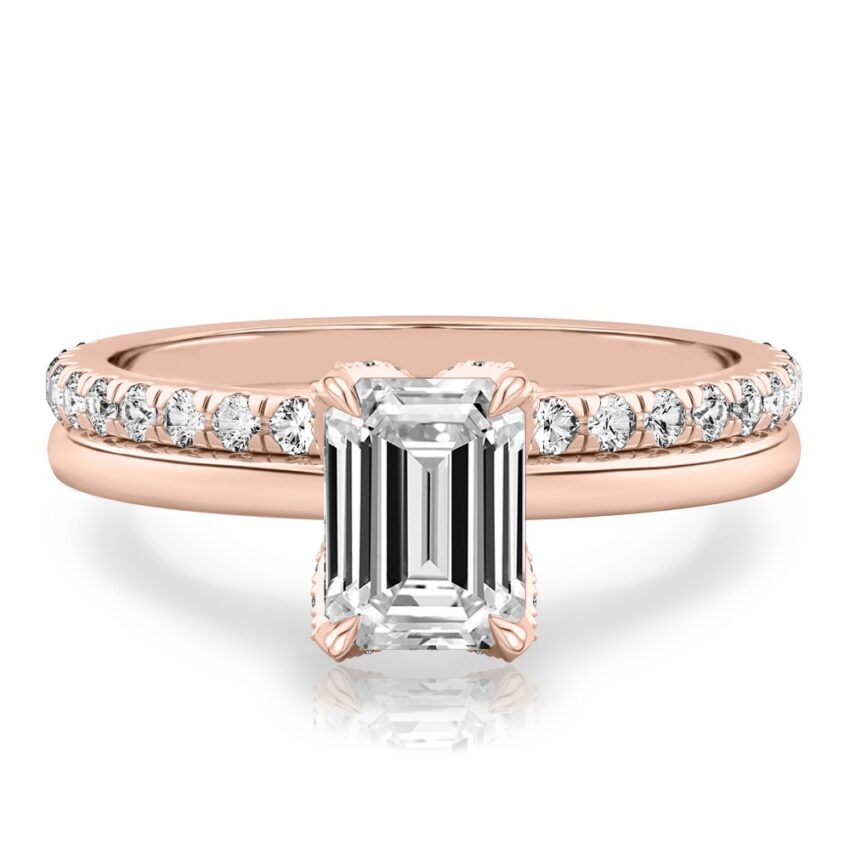 emerald cut diamond pave petal prong engagement ring set rose gold