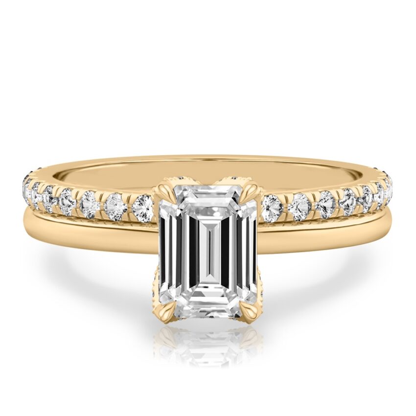 emerald cut diamond pave petal prong engagement ring set yellow gold