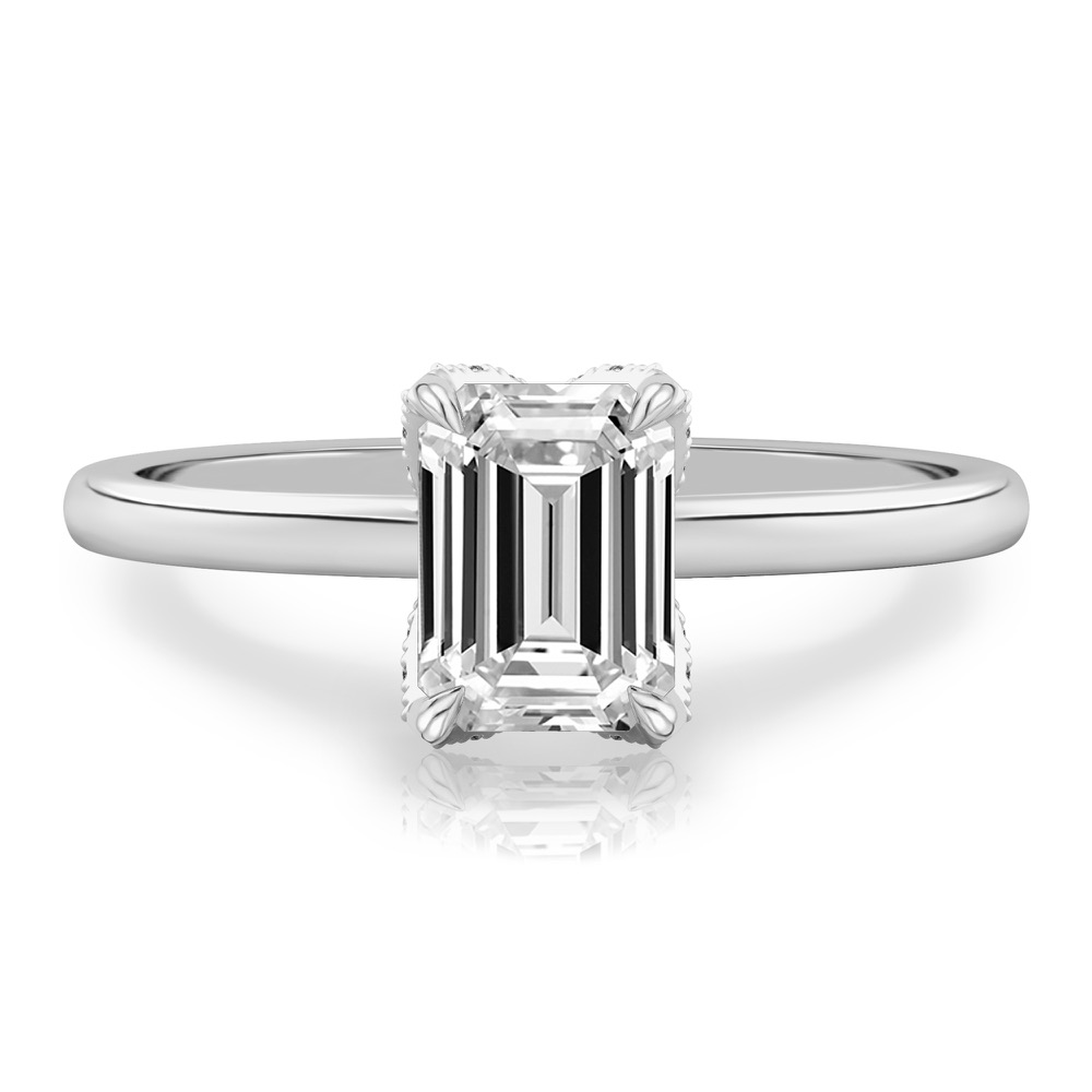 emerald cut diamond pave petal prong engagement ring in white gold
