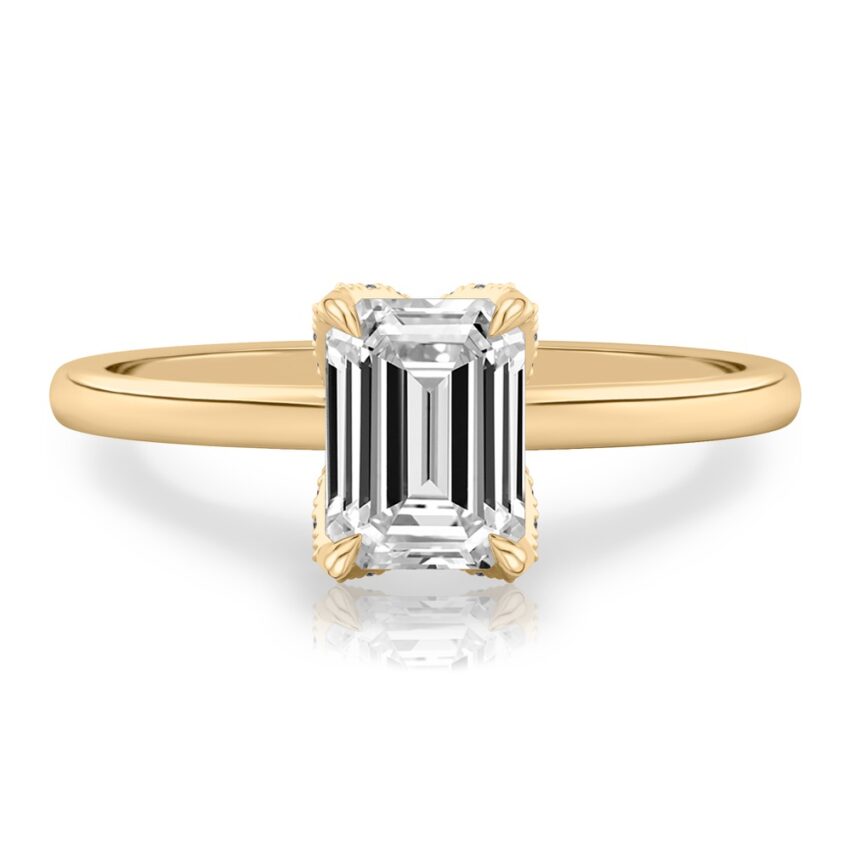 emerald cut diamond pave petal prong engagement ring in yellow gold