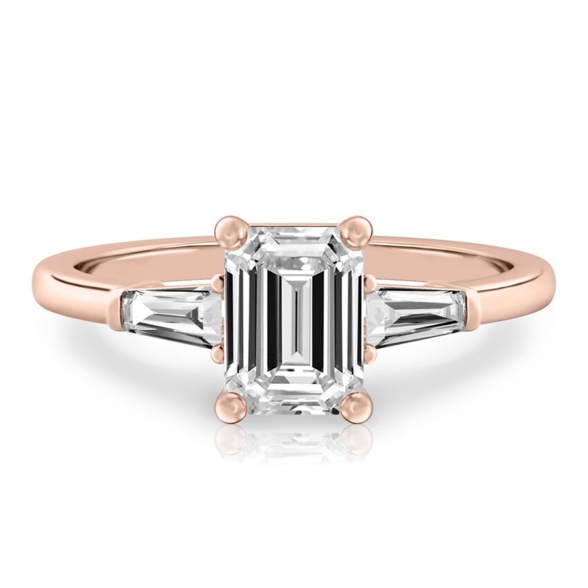 emerald cut diamond tapered baguette engagement ring in rose gold