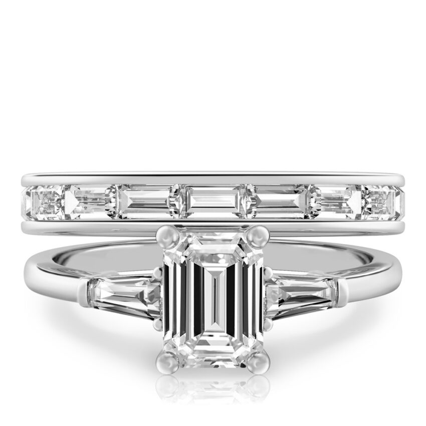emerald cut diamond tapered baguette engagement ring set white gold