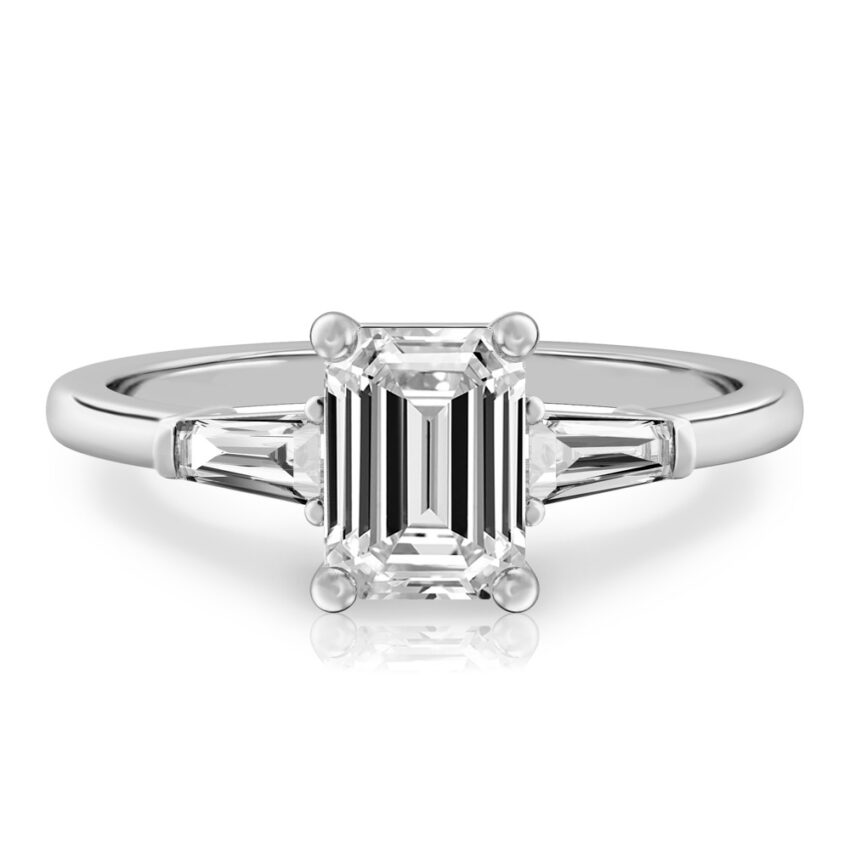 emerald cut diamond tapered baguette engagement ring in white gold