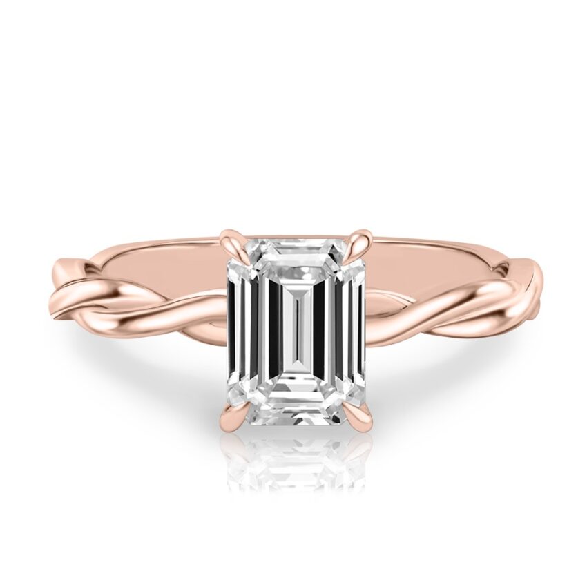 emerald cut diamond twisted hidden halo engagement ring in rose gold