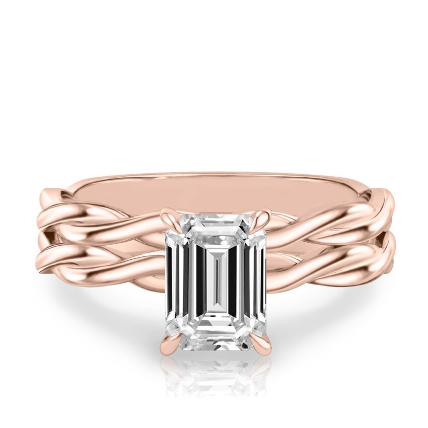 emerald cut diamond twisted hidden halo engagement ring set rose gold