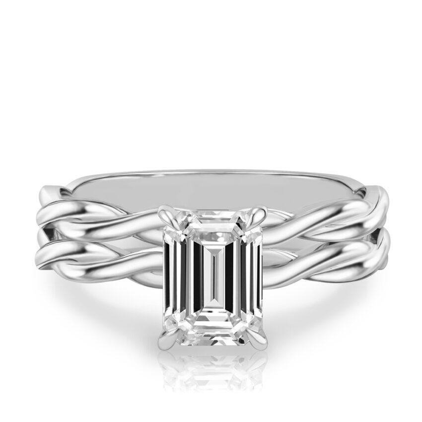 emerald cut diamond twisted hidden halo engagement ring set white gold