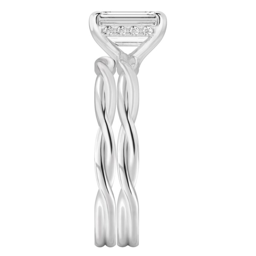 Side view of emerald cut diamond twisted hidden halo engagement ring set white gold