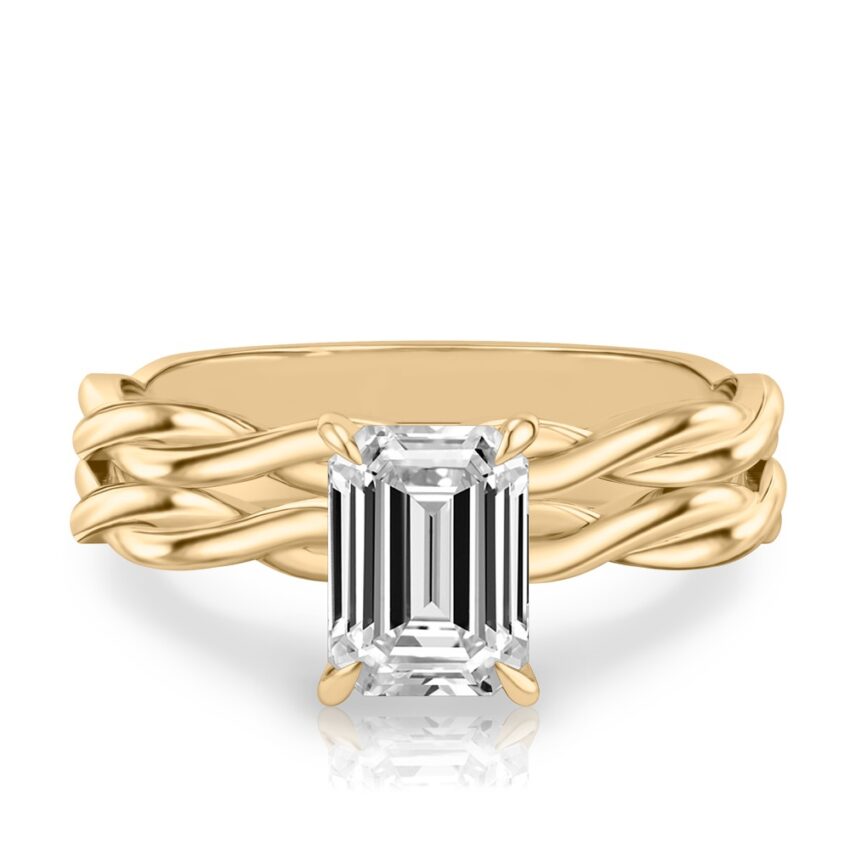 emerald cut diamond twisted hidden halo engagement ring set yellow gold