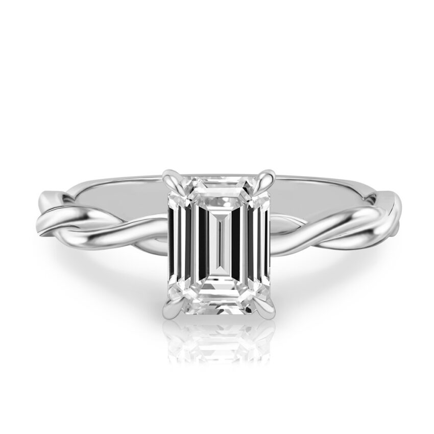 emerald cut diamond twisted hidden halo engagement ring in white gold