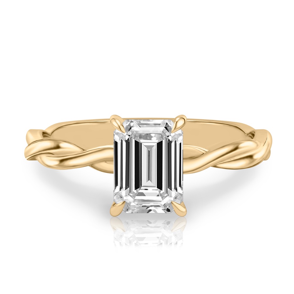 emerald cut diamond twisted hidden halo engagement ring in yellow gold