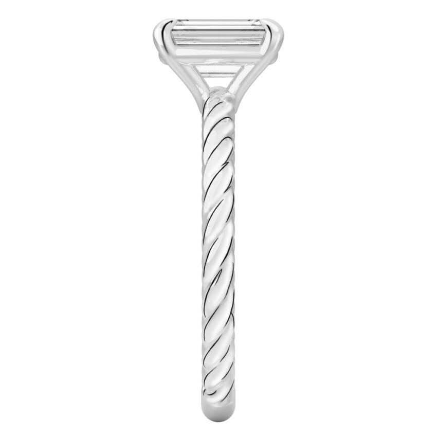 Side view of emerald cut diamond twisted rope engagement ring in palladium