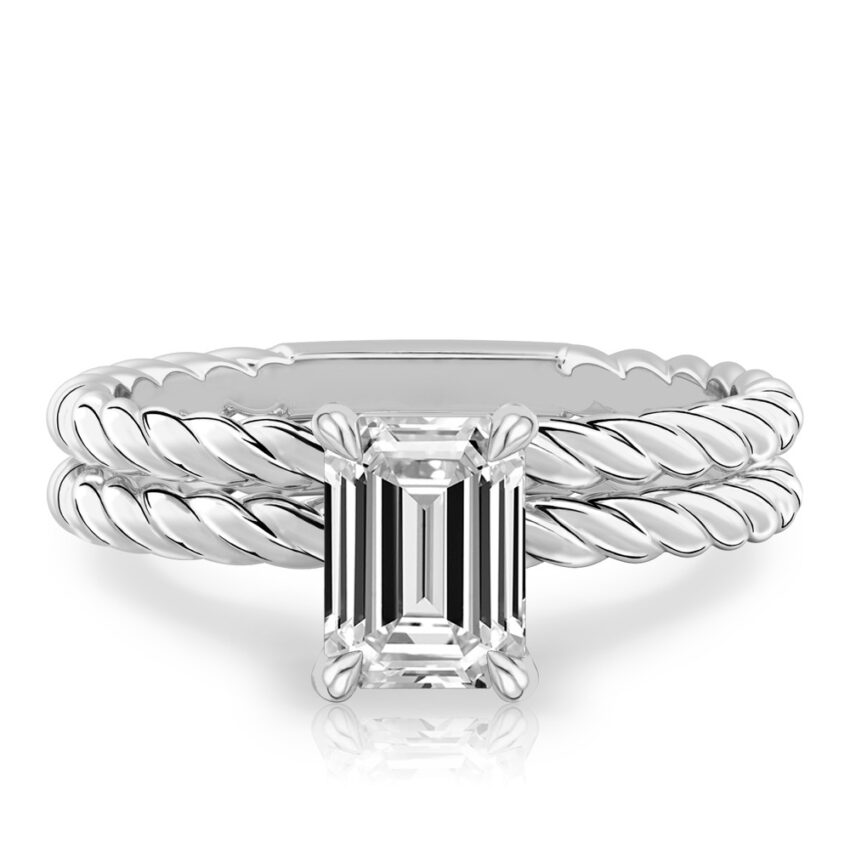 emerald cut diamond twisted rope engagement ring set white gold