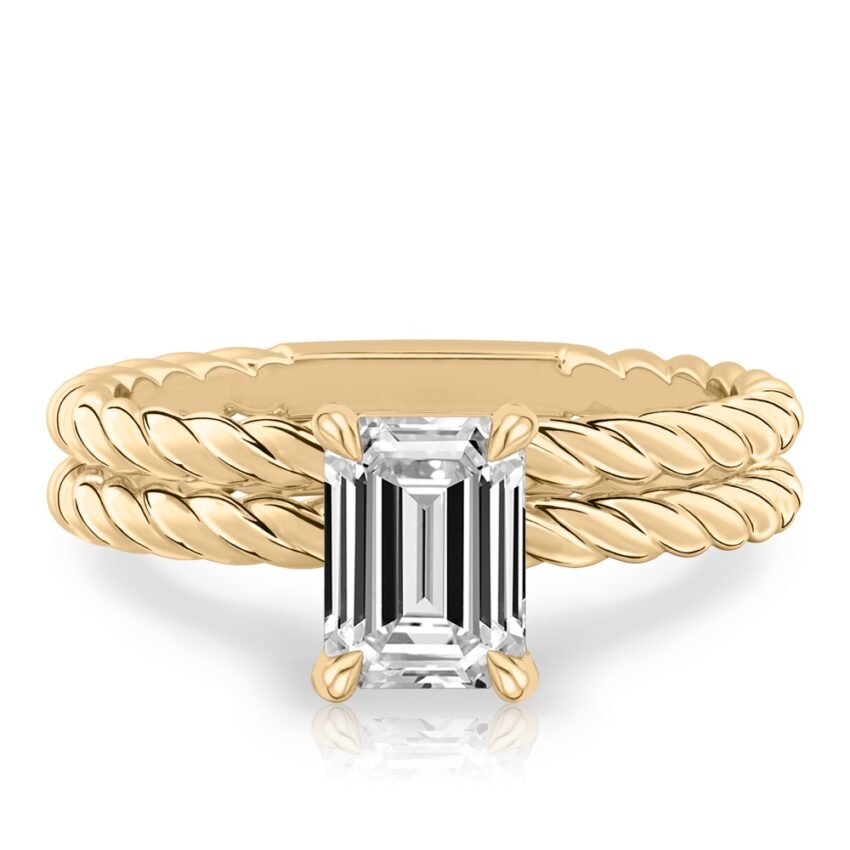 emerald cut diamond twisted rope engagement ring set yellow gold