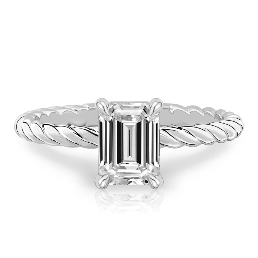 emerald cut diamond twisted rope engagement ring in white gold