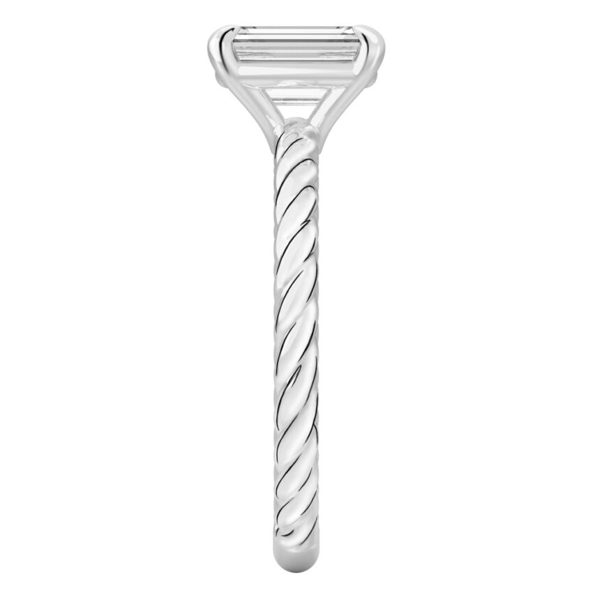 Side view of emerald cut diamond twisted rope engagement ring in white gold