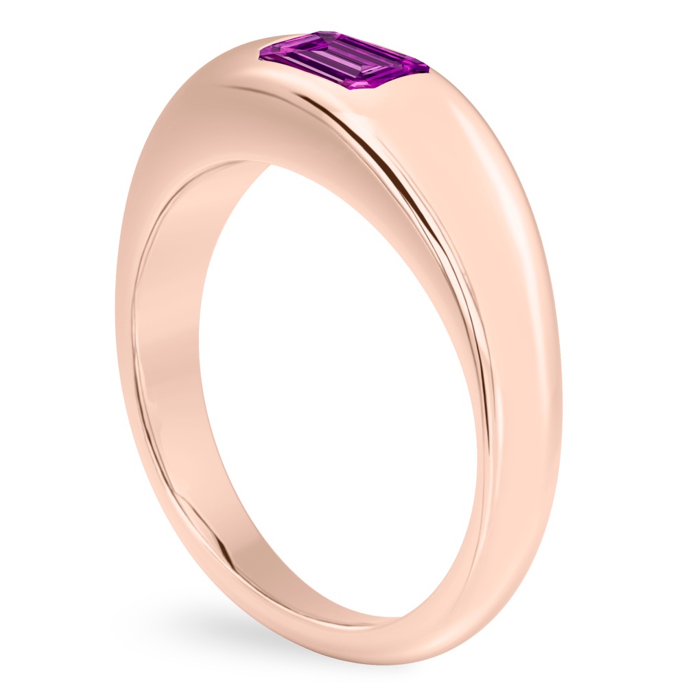 Angle view of emerald cut february birthstone dome ring rose gold