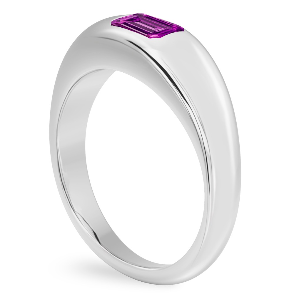 Angle view of emerald cut february birthstone dome ring white gold