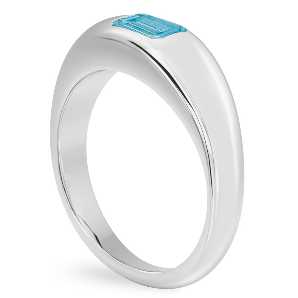 Angle view of emerald cut march birthstone dome ring platinum