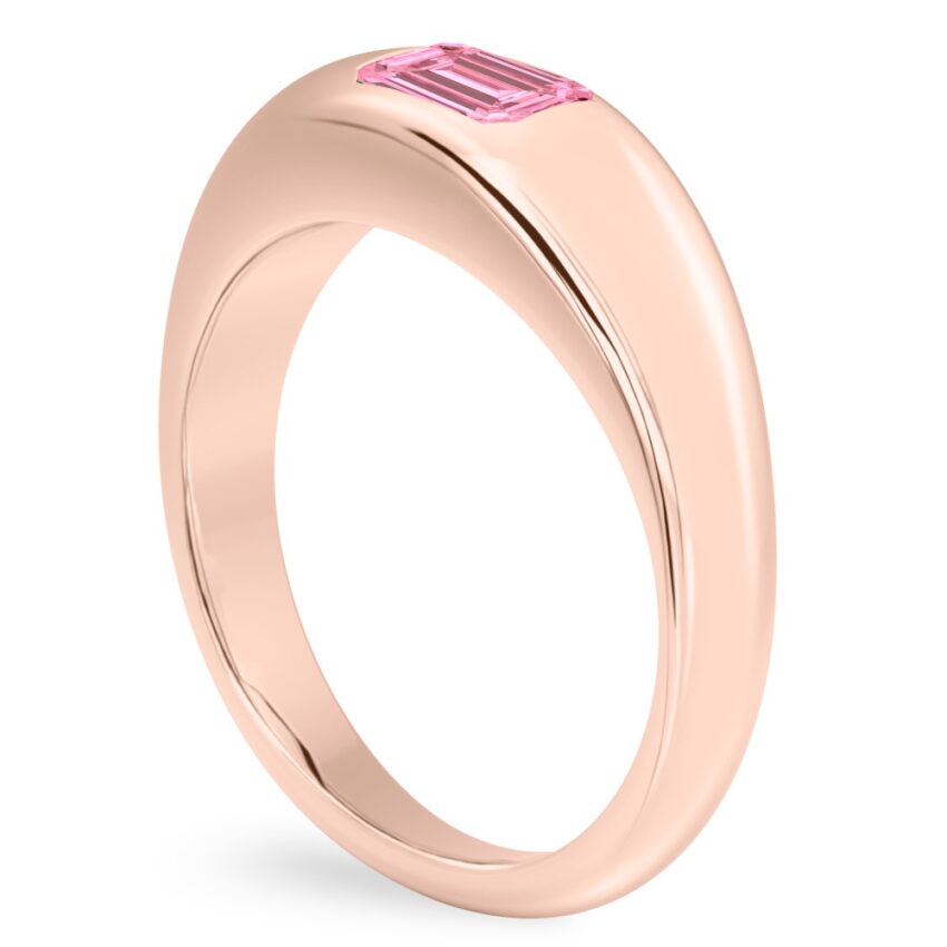 Angle view of emerald cut october birthstone dome ring rose gold