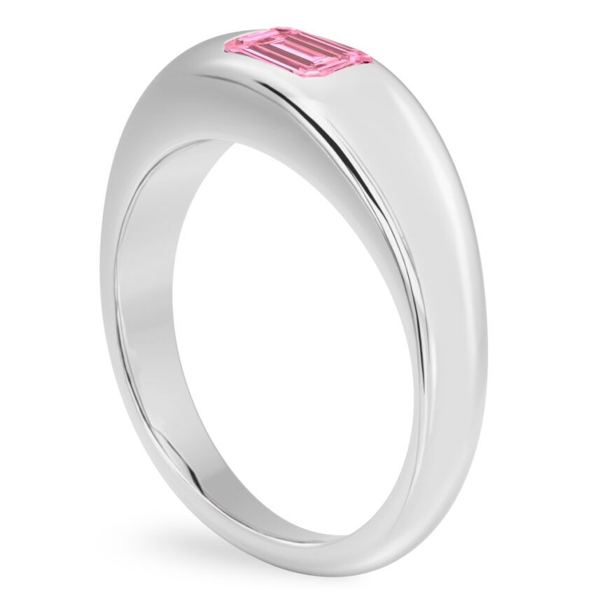Angle view of emerald cut october birthstone dome ring white gold