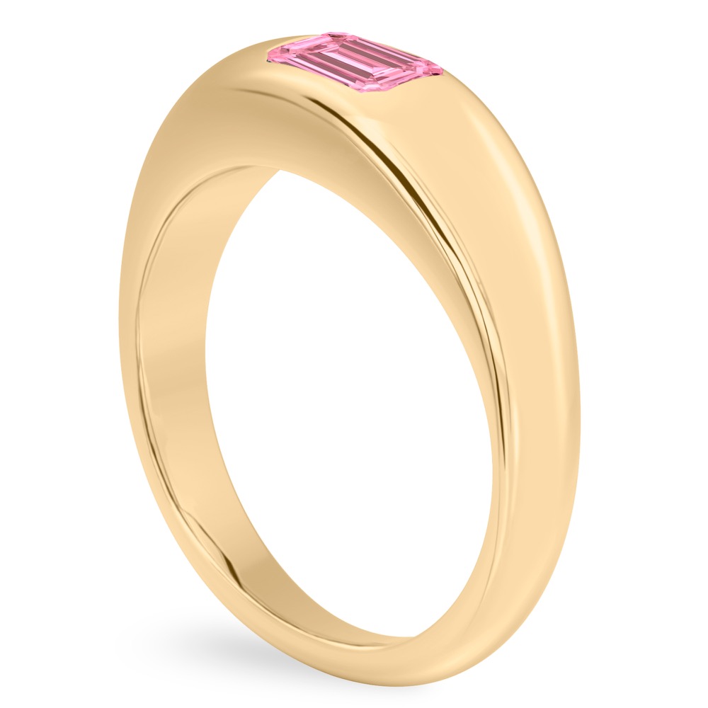 Angle view of emerald cut october birthstone dome ring yellow gold