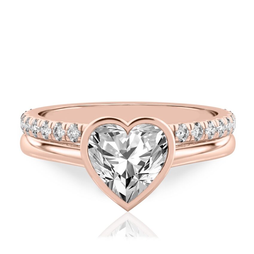 heart shape diamond bezel engagement ring set rose gold