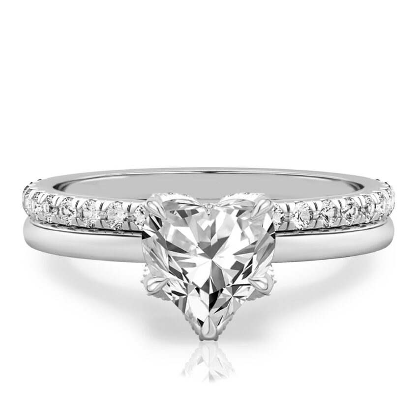 heart shape diamond pave petal prong engagement ring set white gold