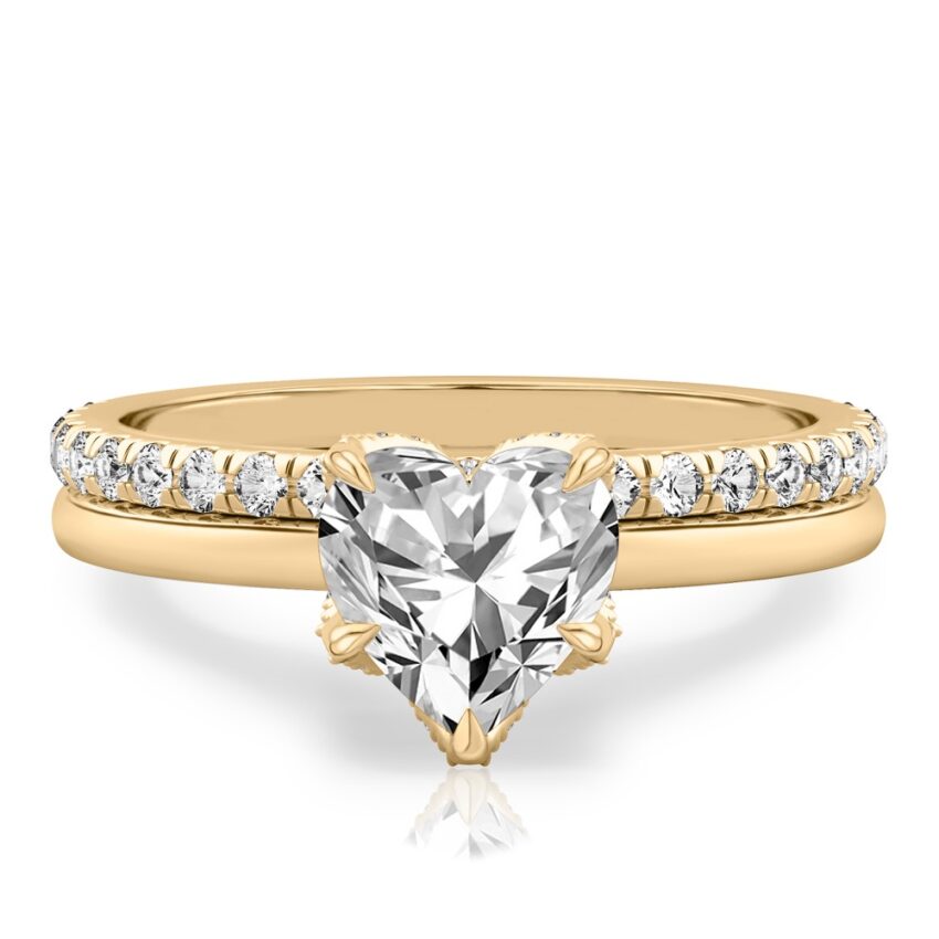 heart shape diamond pave petal prong engagement ring set yellow gold