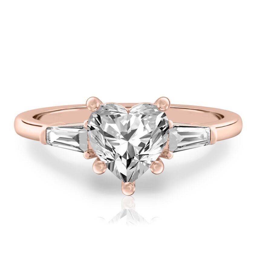 heart shape diamond tapered baguette engagement ring in rose gold
