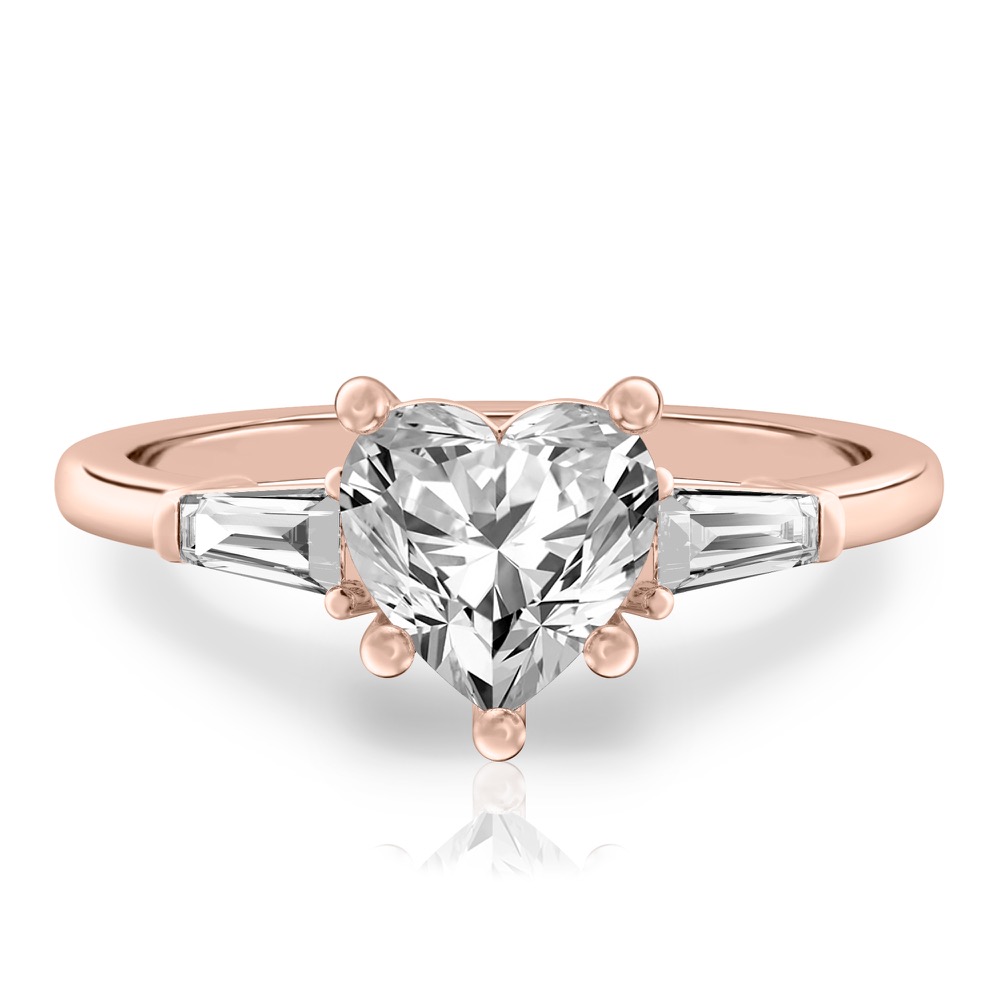 heart shape diamond tapered baguette engagement ring in rose gold