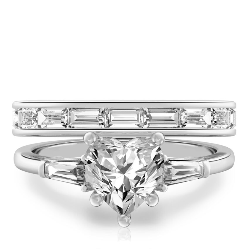 heart shape diamond tapered baguette engagement ring set palladium