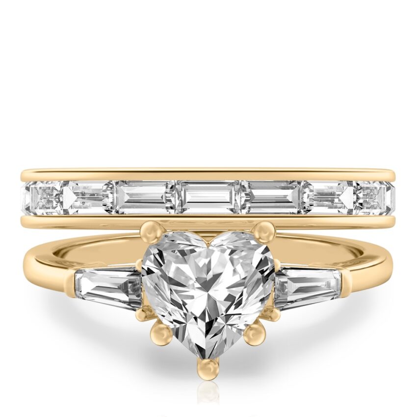 heart shape diamond tapered baguette engagement ring set yellow gold