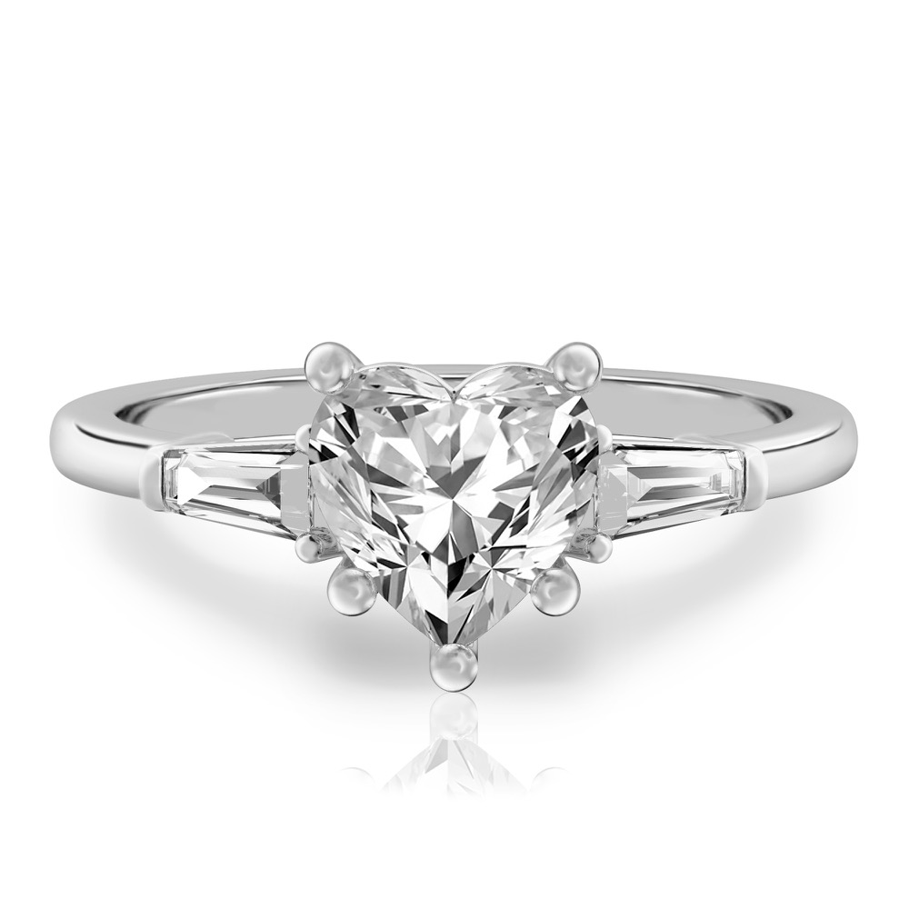 heart shape diamond tapered baguette engagement ring in white gold
