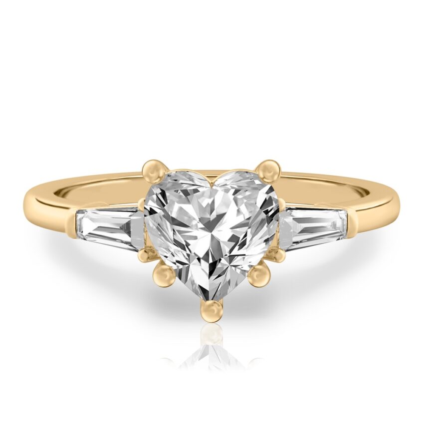 heart shape diamond tapered baguette engagement ring in yellow gold