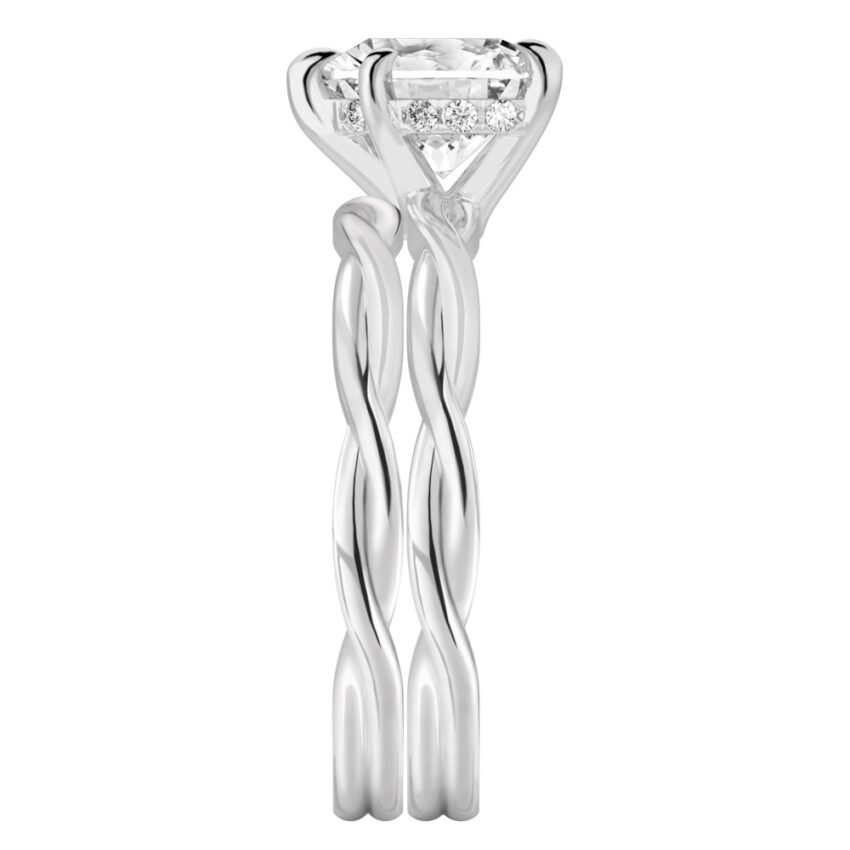 Side view of heart shape diamond twisted hidden halo engagement ring set white gold