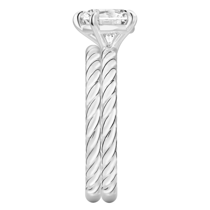 Side view of heart shape diamond twisted rope engagement ring set palladium