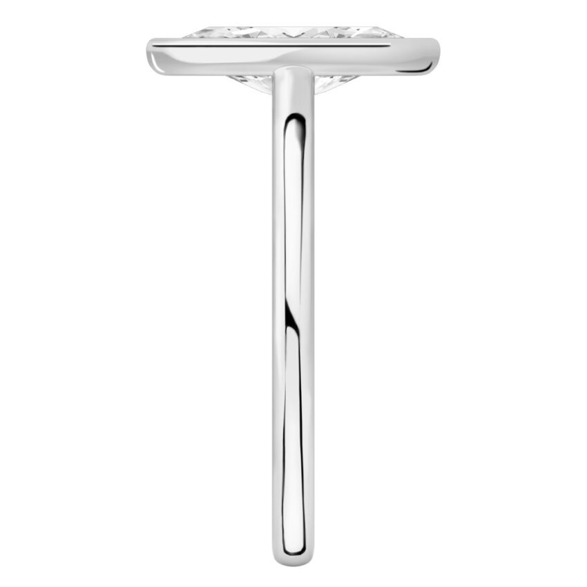 Side view of marquise cut diamond bezel engagement ring in platinum