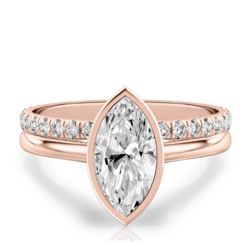 marquise cut diamond bezel engagement ring set rose gold