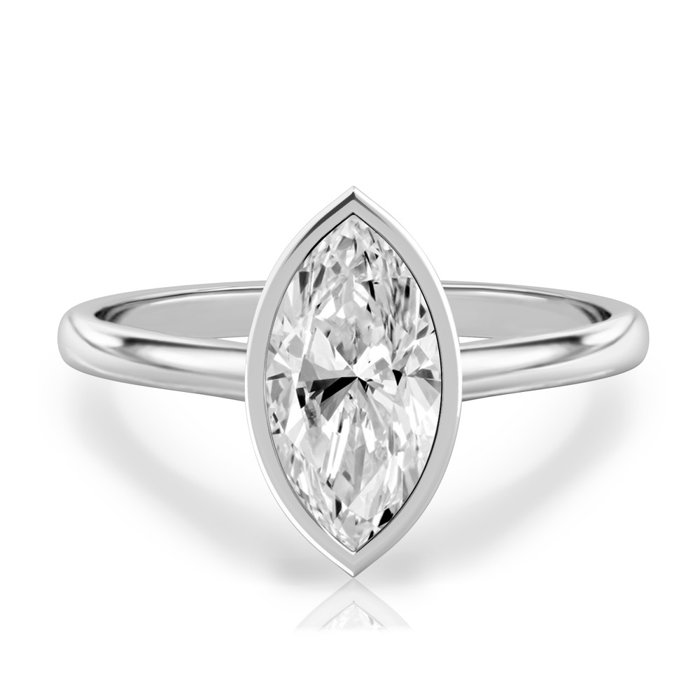 marquise cut diamond bezel engagement ring in white gold