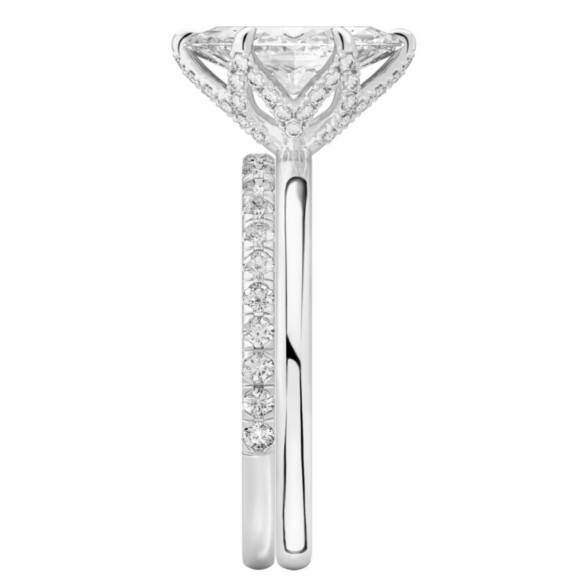 Side view of marquise cut diamond pave petal prong engagement ring set platinum