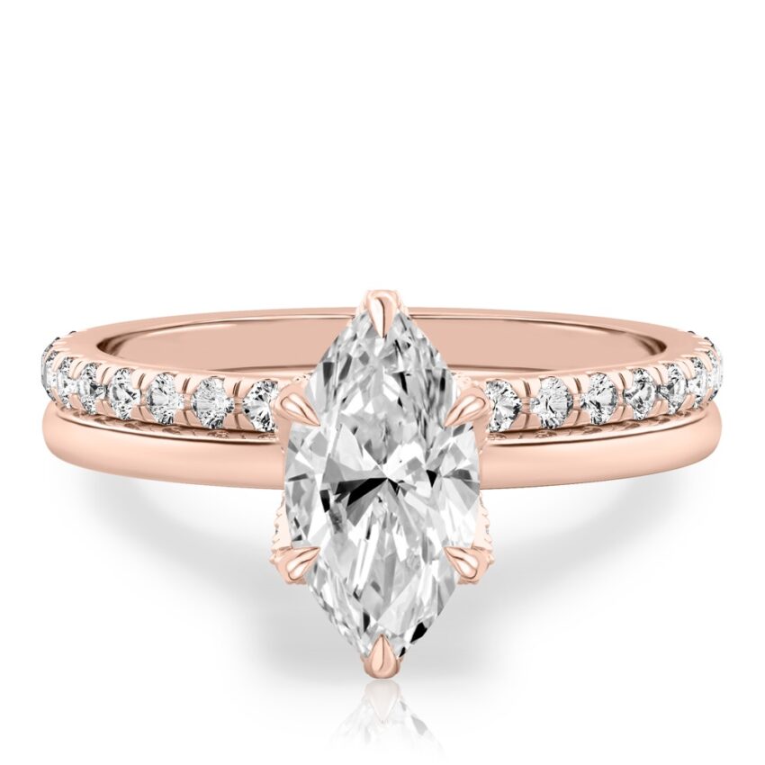 marquise cut diamond pave petal prong engagement ring set rose gold