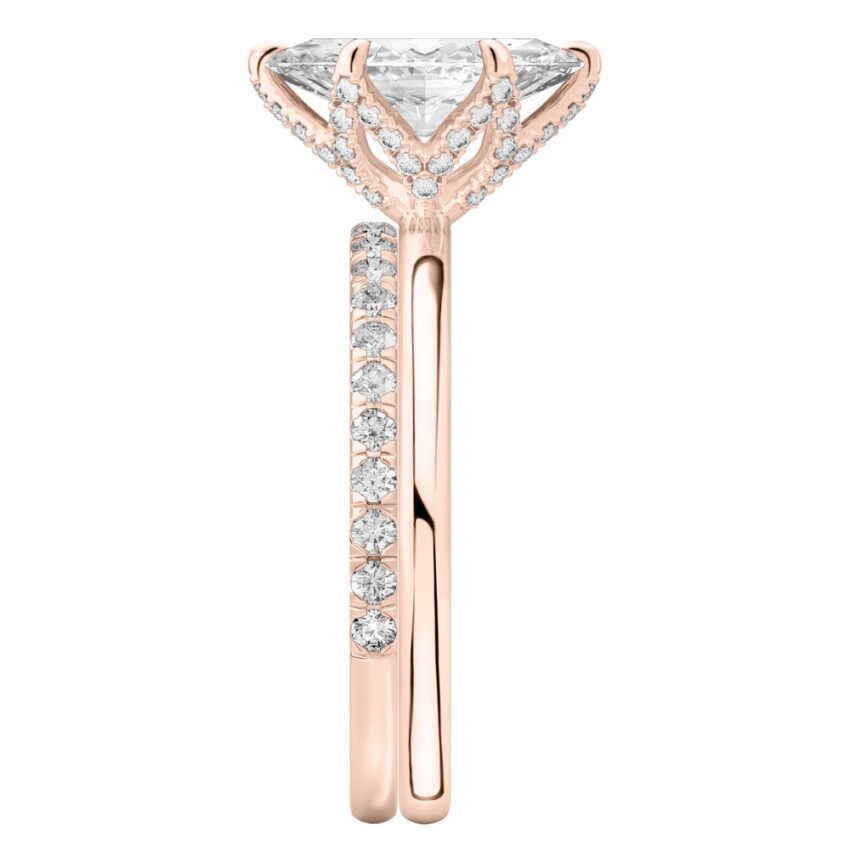 Side view of marquise cut diamond pave petal prong engagement ring set rose gold
