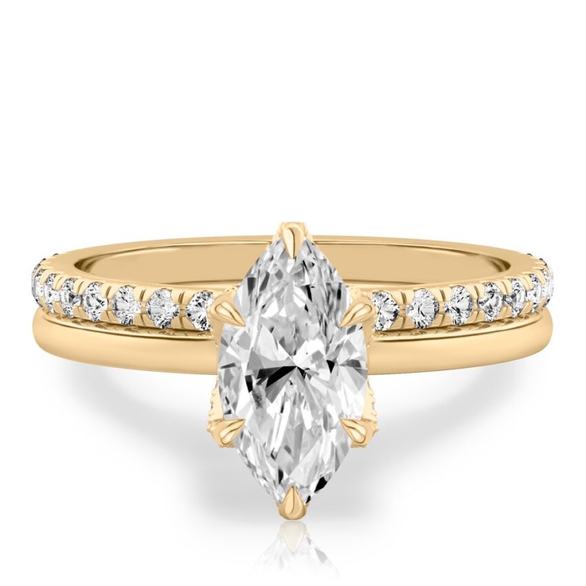 marquise cut diamond pave petal prong engagement ring set yellow gold