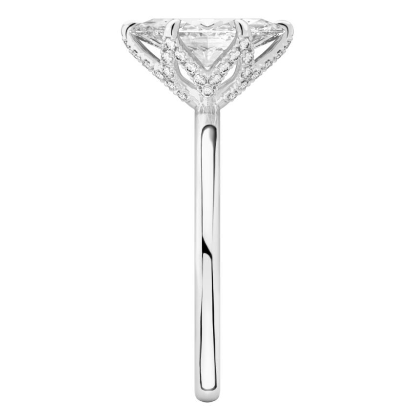 Side view of marquise cut diamond pave petal prong engagement ring in white gold